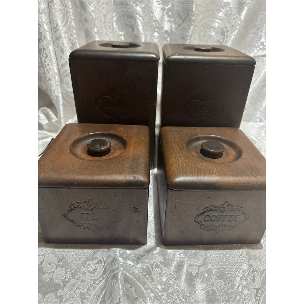 Vintage Wooden Rustic Farmhouse Kitchen Canisters/Storage Conatiner-4 Piece Set